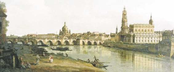 Мост через реку Эльба в городе Дрезден в эпоху средневековья